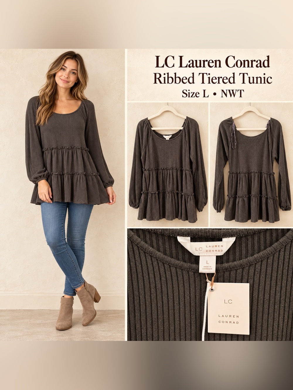 LC Lauren Conrad Dark Charcoal Ribbed Tiered Tunic